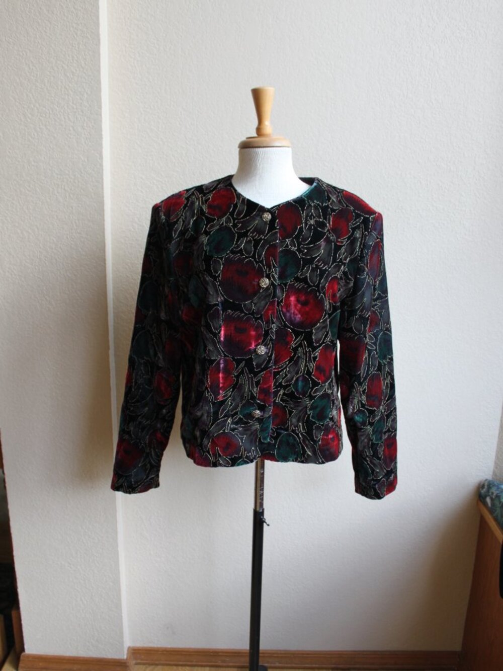 Alia Vintage Black Red Tulip Pattern Velvet Dress Blazer Jacket 14